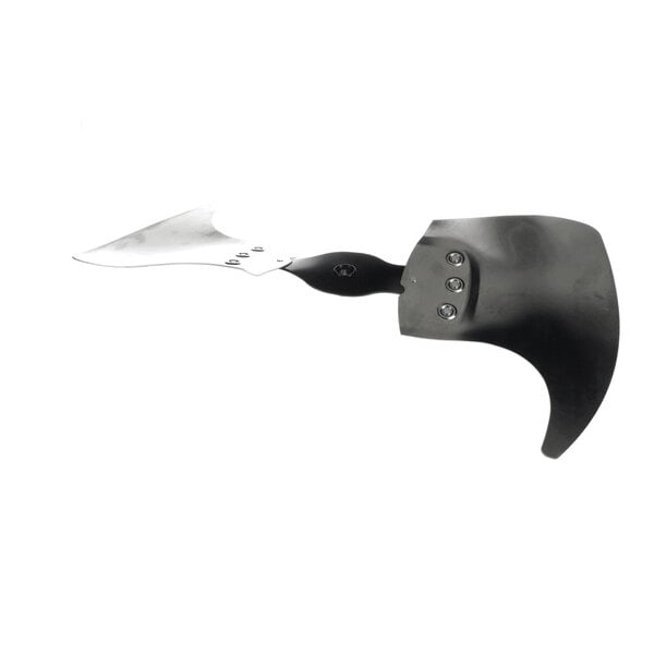 A two-blade metal fan with a curved, asymmetrical design and visible bolts on one blade.