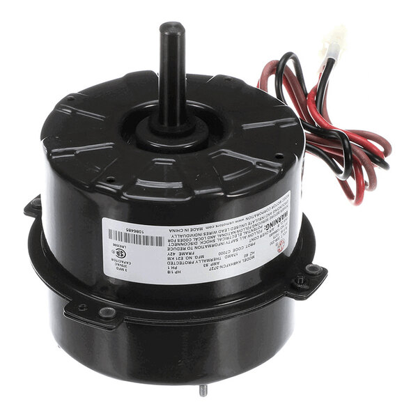 A black cylindrical electric motor with a central shaft, attached mounting plate, and red and black wires extending from the side.