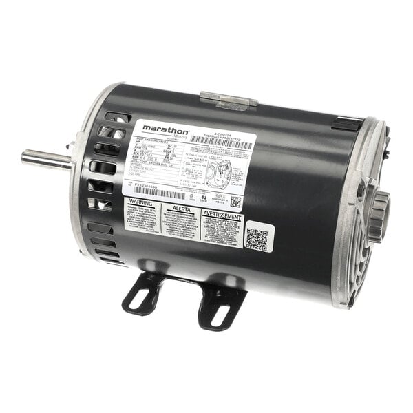 A cylindrical electric motor with a black body, metal mounting brackets, a protruding shaft, and a label with technical specifications.