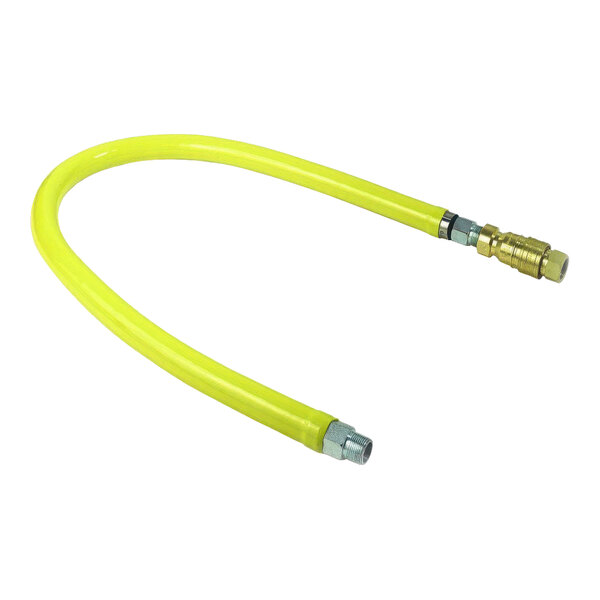 A yellow flexible hose with metal fittings.