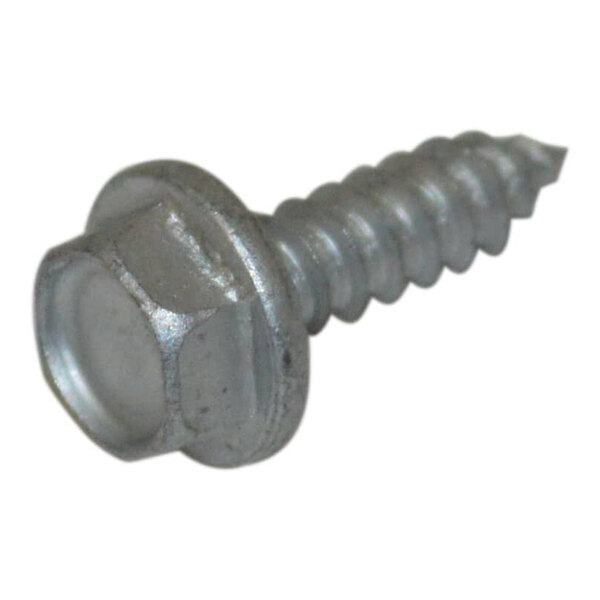 A close-up view of a metallic screw with a hexagonal head and a pointed, threaded body.