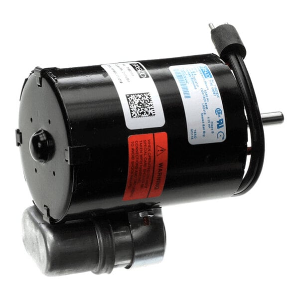 A cylindrical black electric motor with attached wiring and a metal housing, featuring several labels and a protruding shaft.