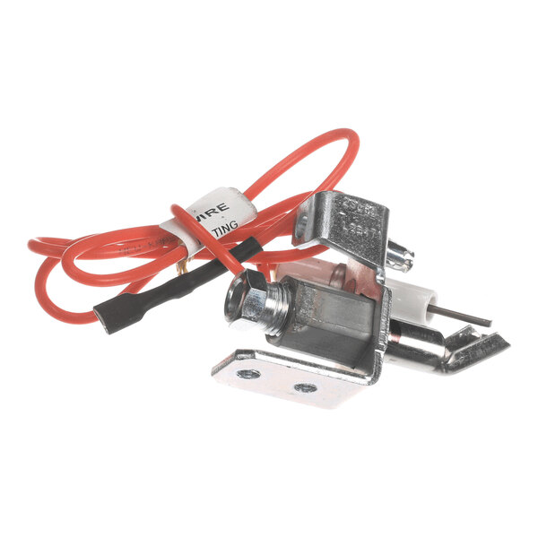 A metal component with a bracket, attached wires, and a ceramic element, likely part of a burner assembly.
