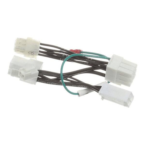 A bundle of black and green electrical wires with multiple white plastic connectors attached at the ends.