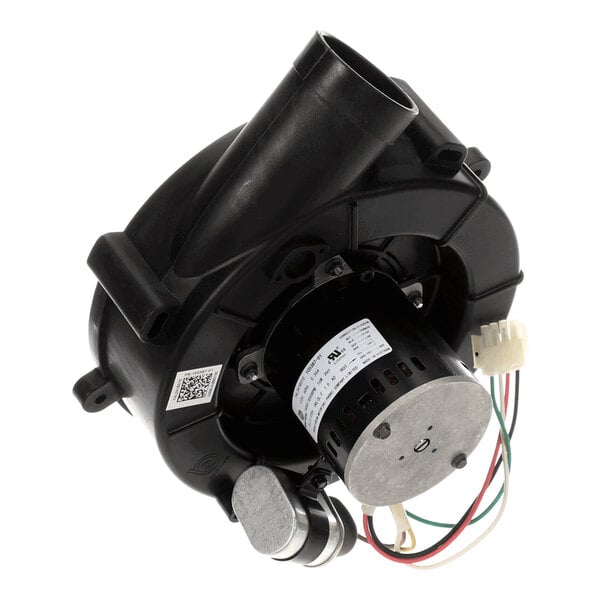 A black motor assembly with attached wiring and a cylindrical housing, featuring a label and a QR code.