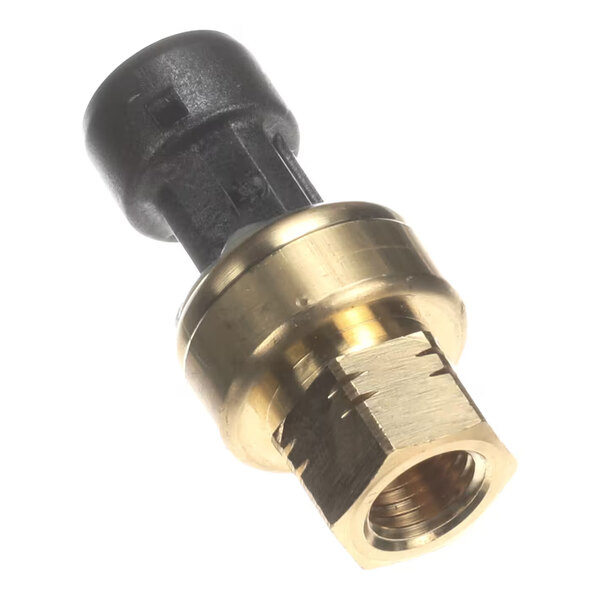 A brass and black cylindrical component with a threaded hexagonal end and a plastic connector on the opposite side.