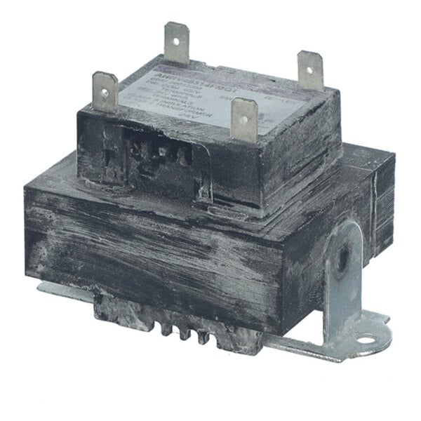 A rectangular electrical transformer with metal mounting brackets and several protruding metal terminals.