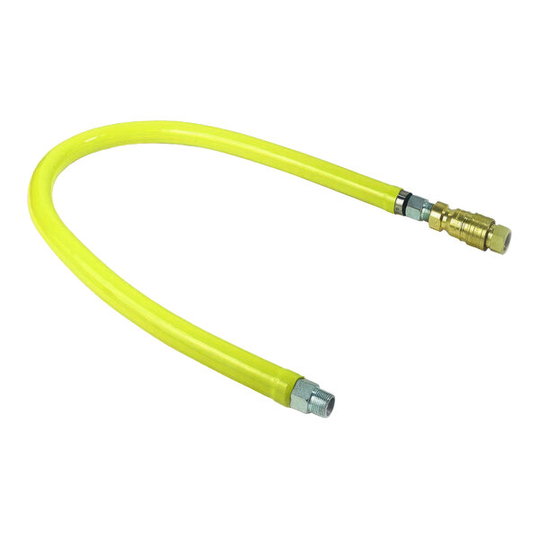 A yellow hose with metal fittings.