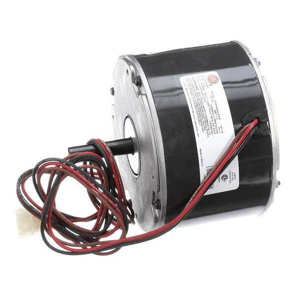 A cylindrical electric motor with a black housing, attached wires, and a protruding shaft.