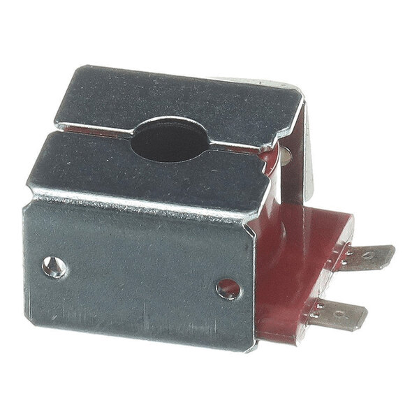 A small metal and plastic electrical component with a central hole and three flat metal terminals extending from one side.