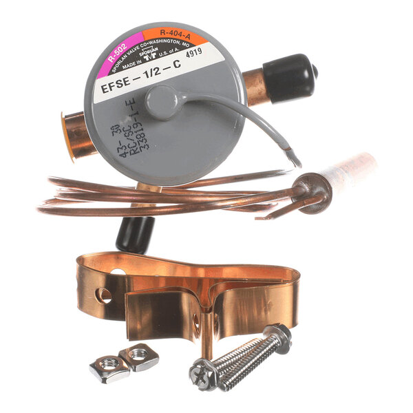 A metal expansion valve assembly with copper tubing, a mounting bracket, screws, and a gray circular component labeled 'EFSE-1/2-C'.
