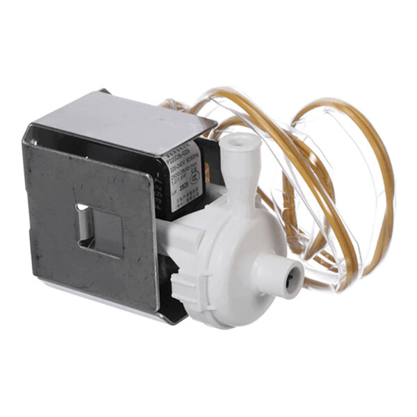 A small electric pump with a white plastic housing, metal casing, and attached tubing.