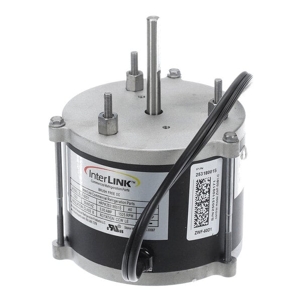 A cylindrical electric motor with a central shaft, four mounting bolts, a black cable, and product labels on the side.