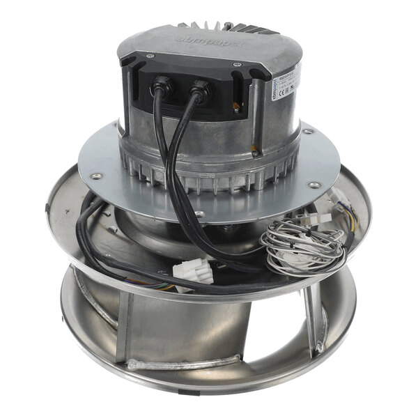 A metallic cylindrical device with an electric motor, attached cables, and an impeller fan assembly.