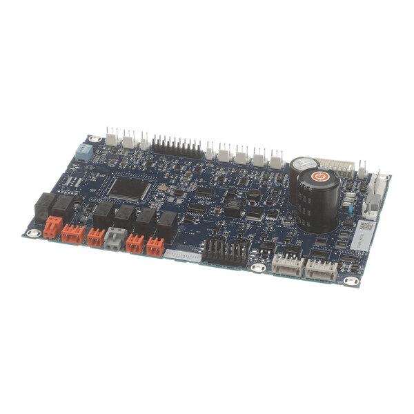 A blue printed circuit board with various electronic components, connectors, and capacitors mounted on it.