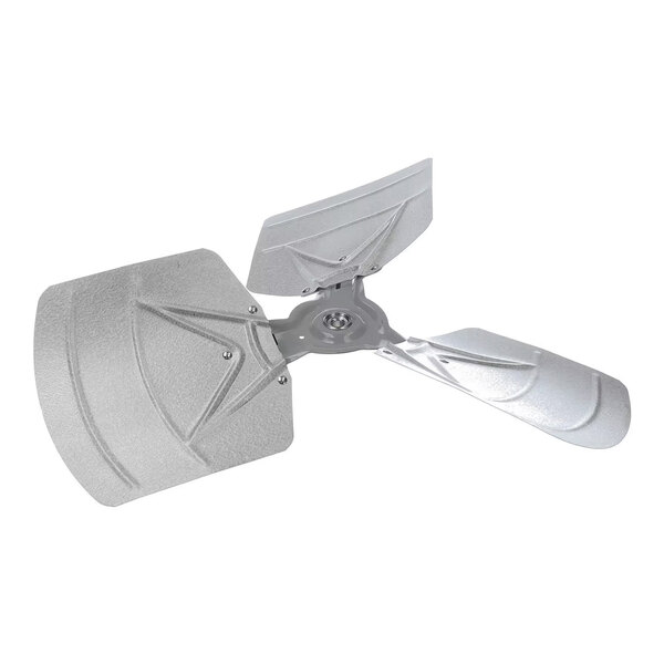 A three-blade metallic fan with a central mounting hub and textured, contoured blades.