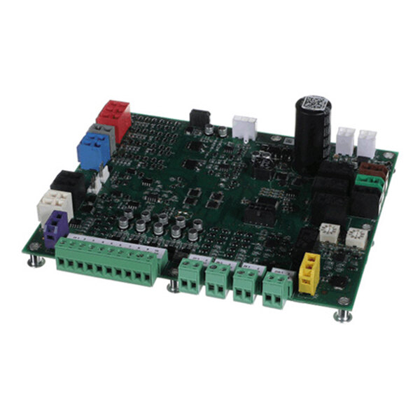 A green electronic circuit board with various colored connectors, capacitors, and components mounted on it.