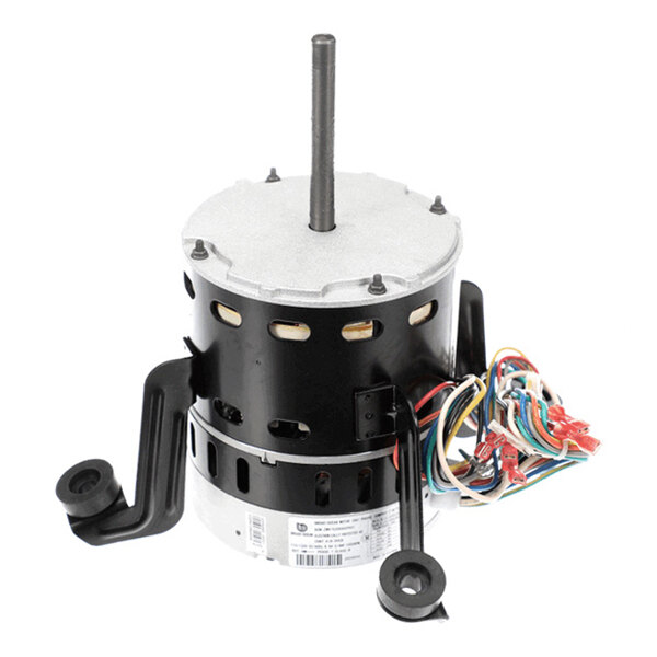 A cylindrical electric motor with a central shaft, black mounting brackets, and a bundle of multicolored wires with connectors.