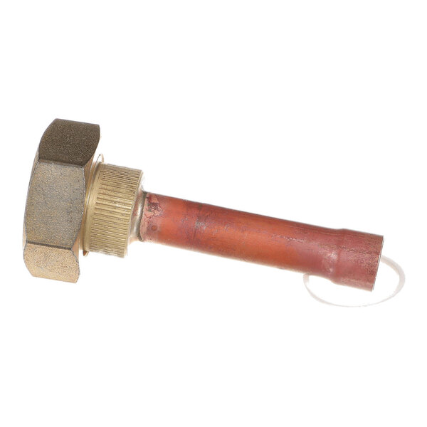 A metal fitting with a hexagonal nut and a copper tube attached.