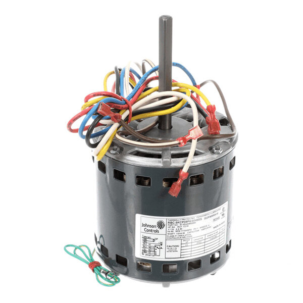 A cylindrical electric motor with multiple colored wires attached to the top and a central shaft extending upward.