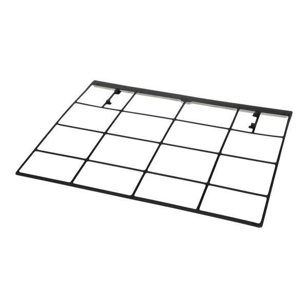 A rectangular black plastic grid with multiple square openings, viewed at an angle against a white background.