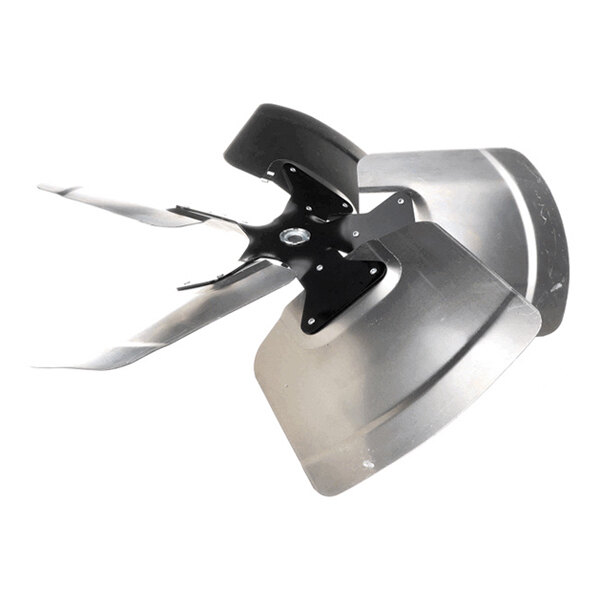 A five-blade metallic fan with a central mounting hub, viewed at an angle against a white background.