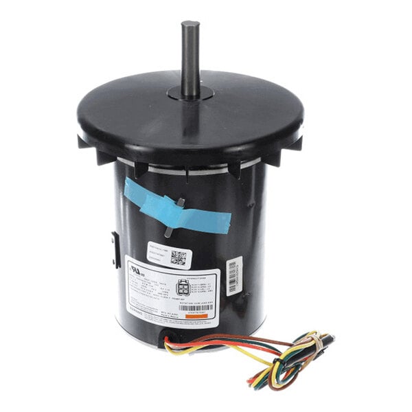 A cylindrical electric motor with a black housing, a central shaft protruding from the top, and several colored wires extending from the base.