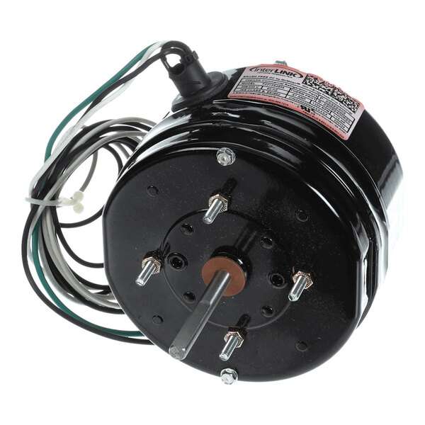 A black cylindrical electric motor with a central shaft, mounting bolts, and attached wires.