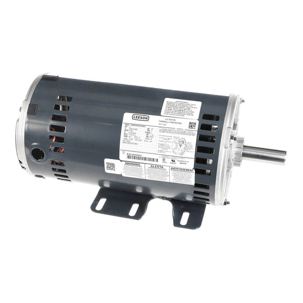 A cylindrical electric motor with a metal mounting base, visible shaft, ventilation slots, and a label with technical specifications.