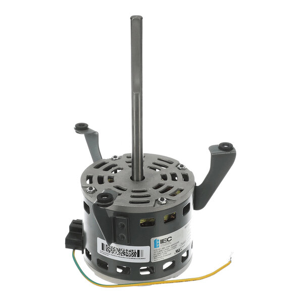 A cylindrical electric motor with a central vertical shaft, two mounting brackets, and attached colored wires.