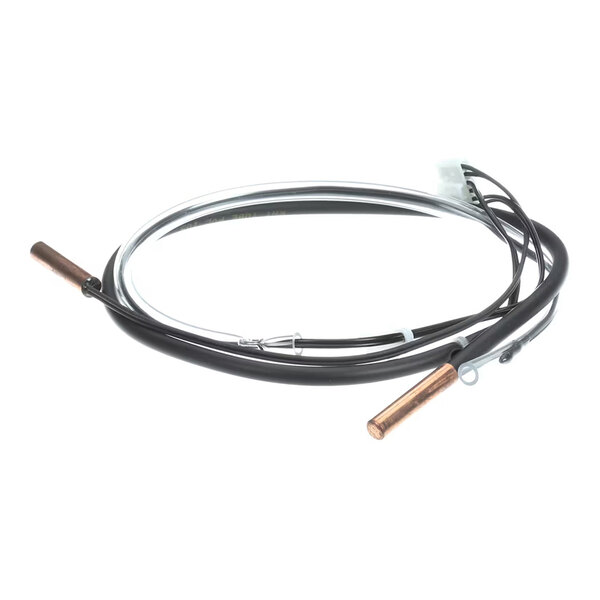 A coiled black cable with copper cylindrical sensors at both ends and a white connector on one side.