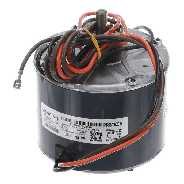 A cylindrical electric motor with attached wires and a visible label on the side.