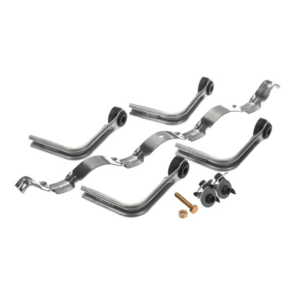 Four metal brackets with rubber bushings, two small black components, a bolt, and a nut are arranged on a white background.