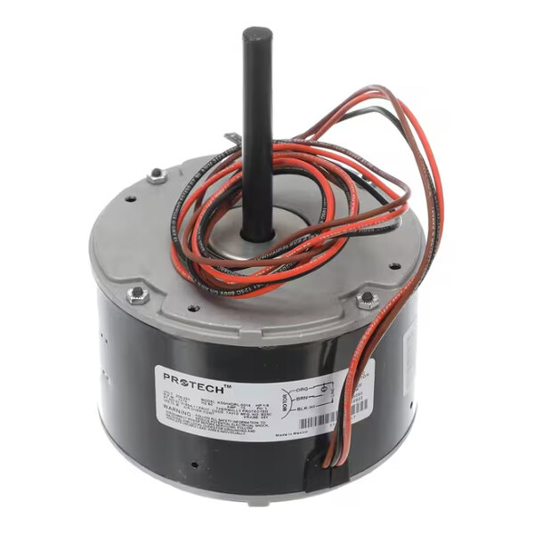 A cylindrical electric motor with a central shaft, attached wires, and a label on the side.