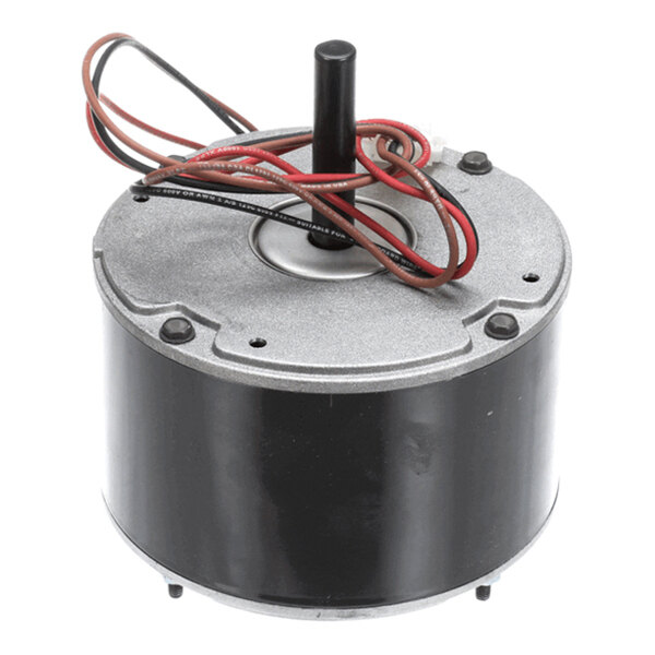 A cylindrical electric motor with a central shaft and several wires extending from the top.
