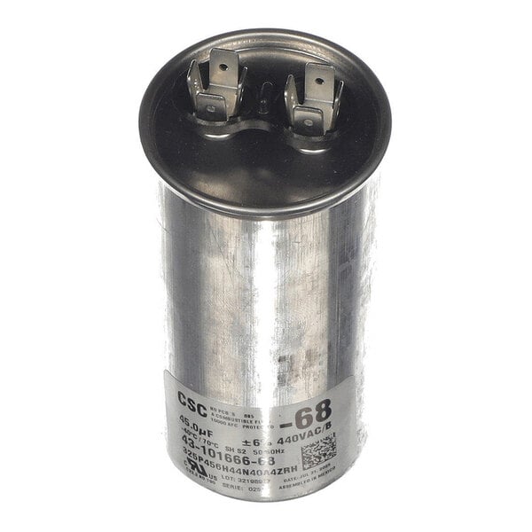 A cylindrical metallic capacitor with two electrical terminals on top and a label with technical specifications on the side.