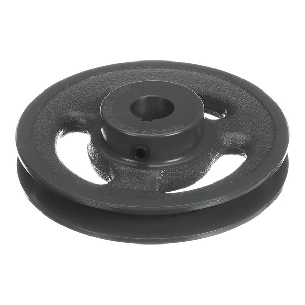 A dark gray metal sheave with a central bore and three curved spokes.
