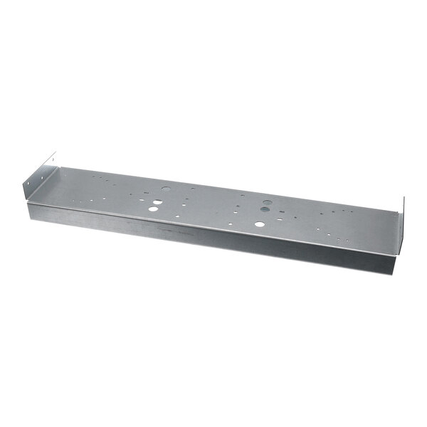 A rectangular metal rail with multiple holes and two upturned ends.