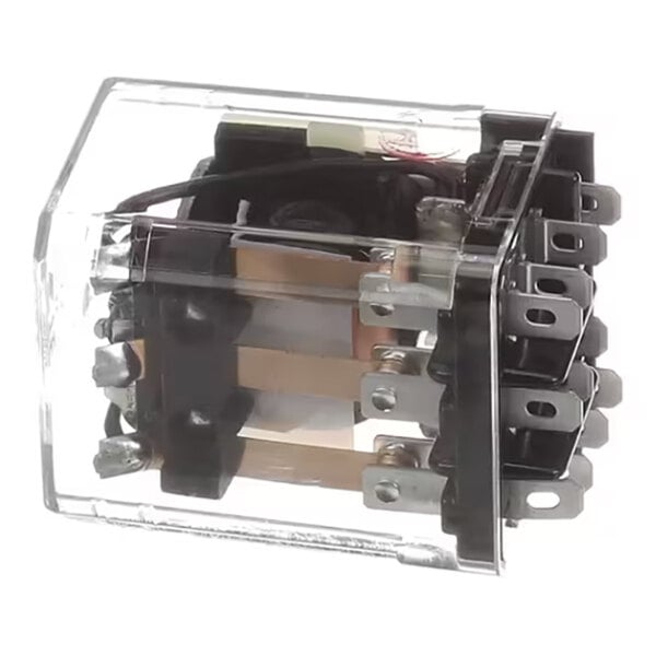 A clear plastic-encased electrical relay with multiple metal terminals visible on one side.