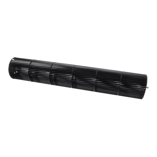 A cylindrical black plastic blower wheel with evenly spaced blades and a central axle.