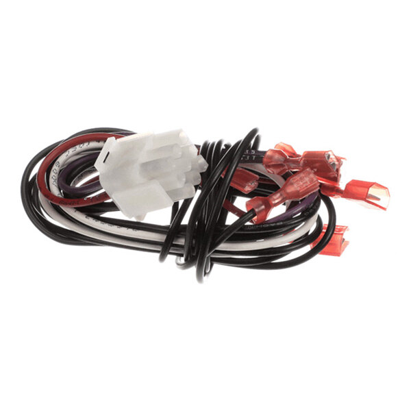 A coiled bundle of electrical wires with a white plastic 9-pin connector on one end and several red insulated terminals on the other end.