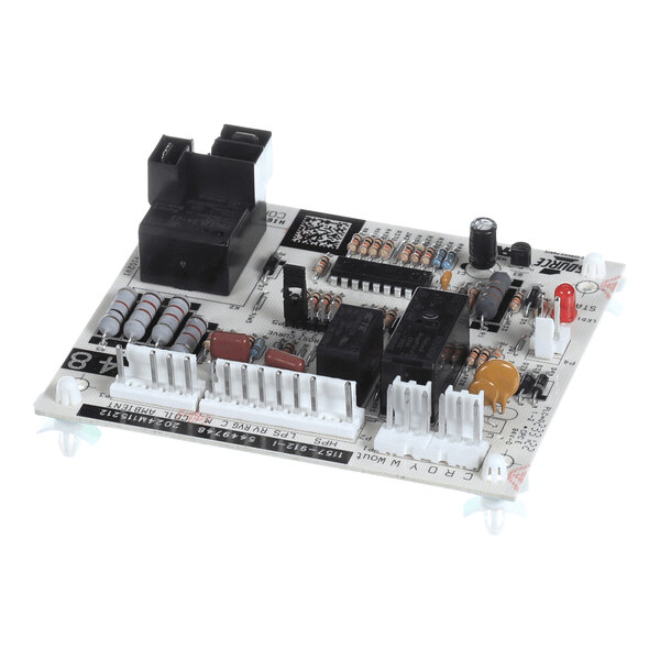 A rectangular electronic circuit board with various components including resistors, capacitors, connectors, and relays mounted on it.