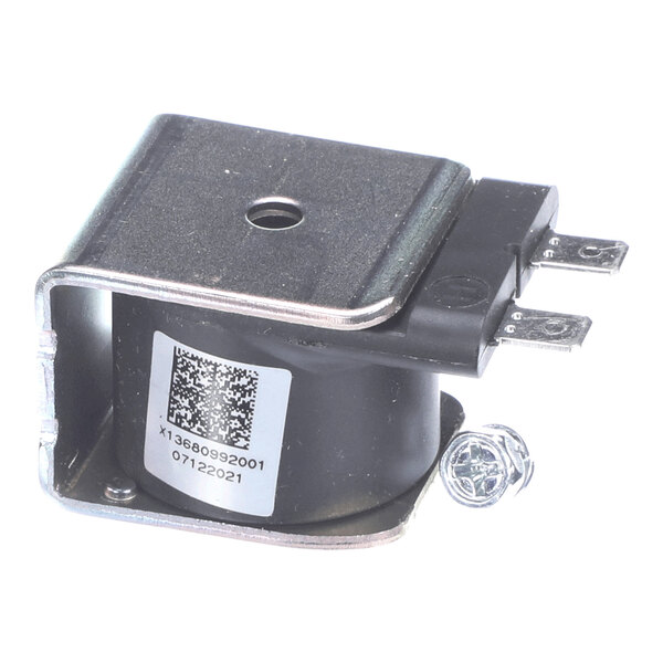 A small metal and plastic electrical component with two prongs, a mounting bracket, and a label with a QR code and serial number.