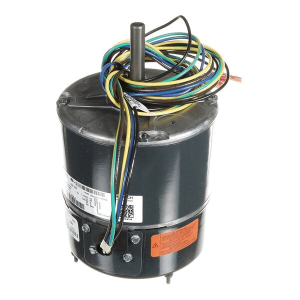 A cylindrical electric motor with a central shaft and several colored wires coiled on top.