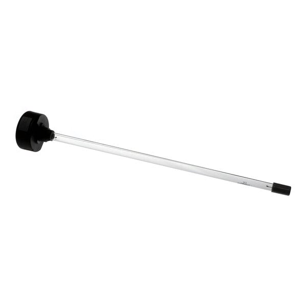 A long, cylindrical glass tube with a black cap on one end and a black fitting on the other, likely an electrical component or light bulb.