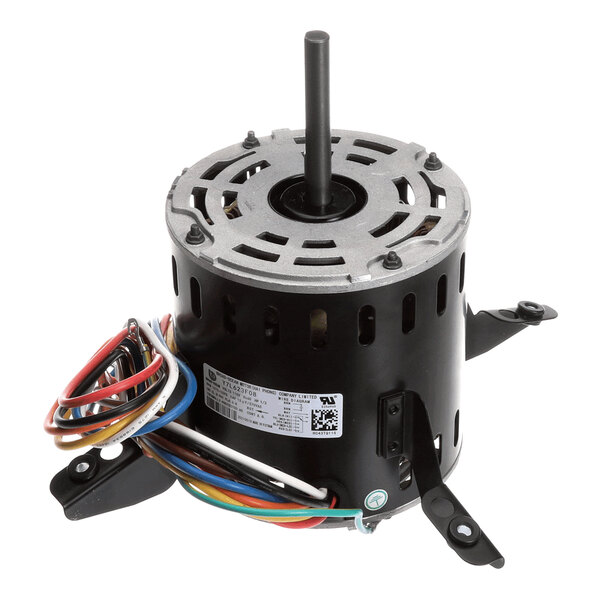 A cylindrical electric motor with a central shaft, multiple colored wires, and three mounting brackets.