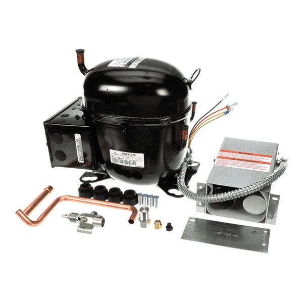 A black cylindrical compressor unit with attached wires, a metal box, copper tubing, various fittings, screws, and mounting hardware arranged on a white background.