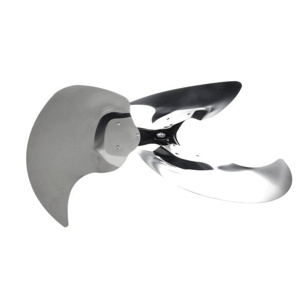 A three-blade, swept aluminum fan with a shiny metallic finish, viewed against a white background.