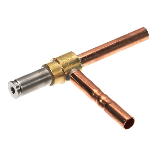 A metal valve assembly with copper and brass components, featuring three cylindrical pipe connections.