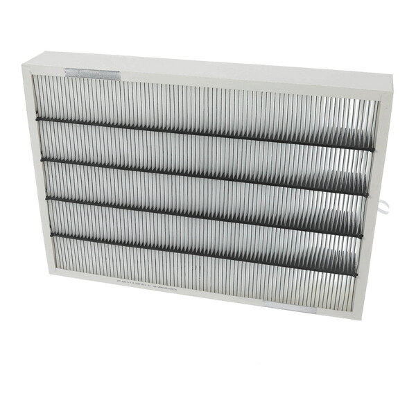 A rectangular pleated air filter with a white frame and evenly spaced horizontal supports.